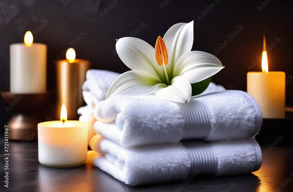 a stack of white towels in a beauty salon against a background of burning candles a stack of white towels in a beauty salon against a background of burning candles