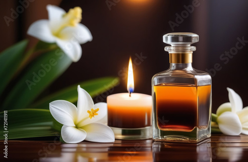 bottles of aromatic oil among tropical flowers and burning candles  relaxation and massage session