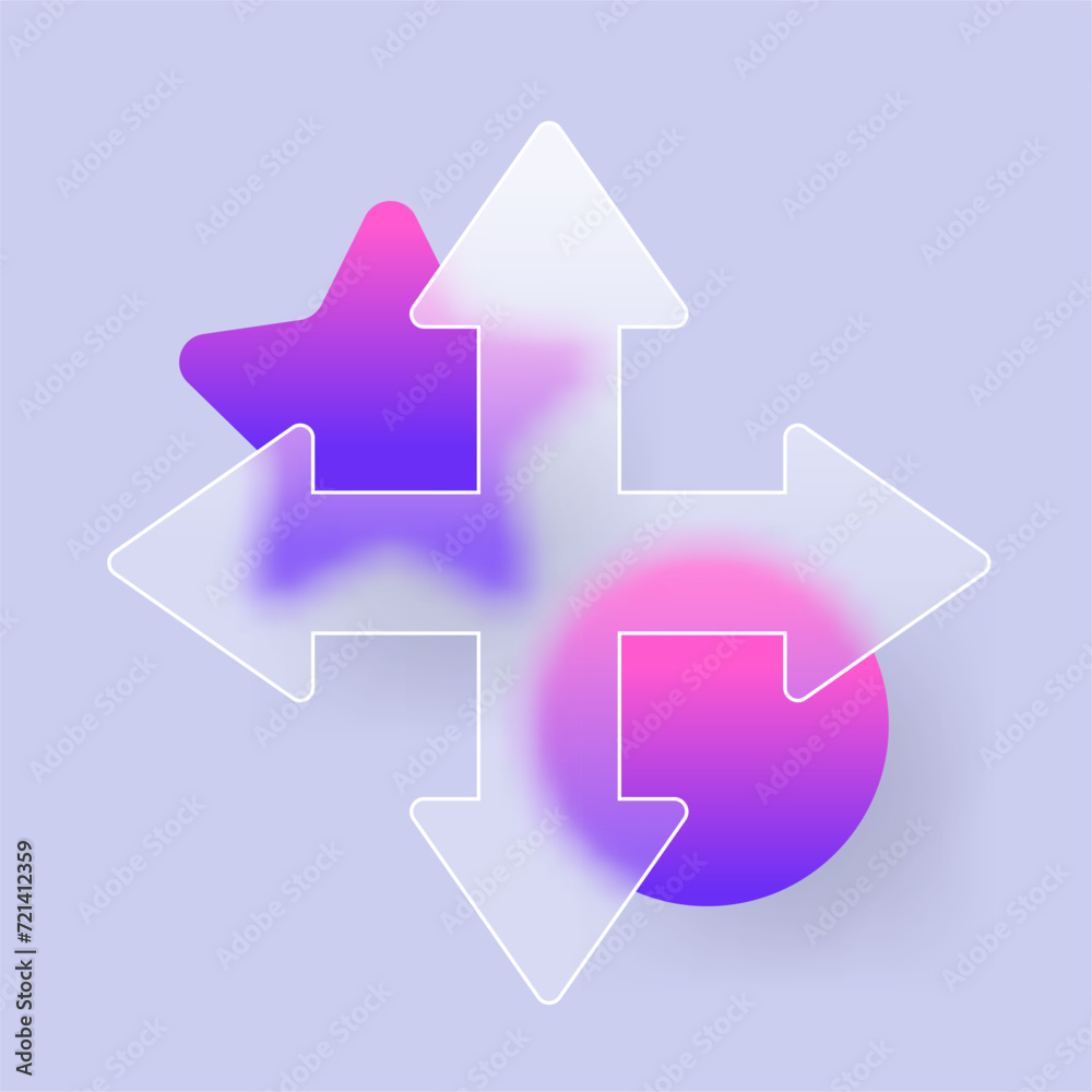 Cross Arrow glass icon. Pointer direction in glassmorphism style. Vector illustration Cross Arrow glass icon. Pointer direction in glassmorphism style. Vector illustration