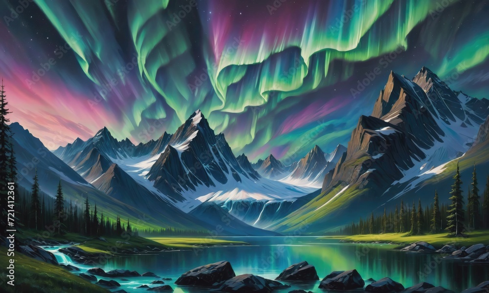 A painting of mountains and the sky with the aurora borealis above it.
