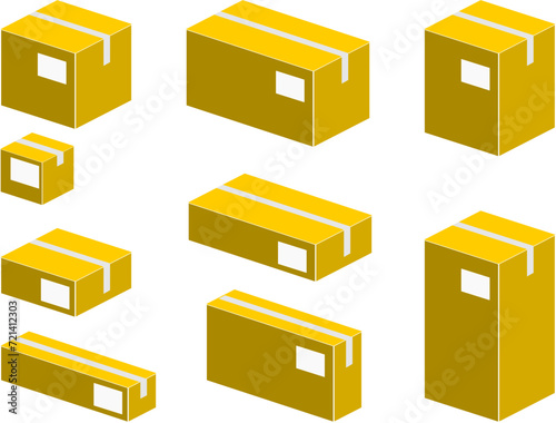 3D illustration of various types and sizes of closed and labeled packaging boxes isolated on transparent background