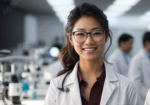 Beautiful young woman scientist wearing white coat and glasses in modern Medical Science Laboratory with Team of Specialists on background. © anandart