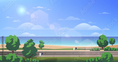 Street empty billboard on the highway near the beach. Billboard on the road copy space. Landscape flat illustration