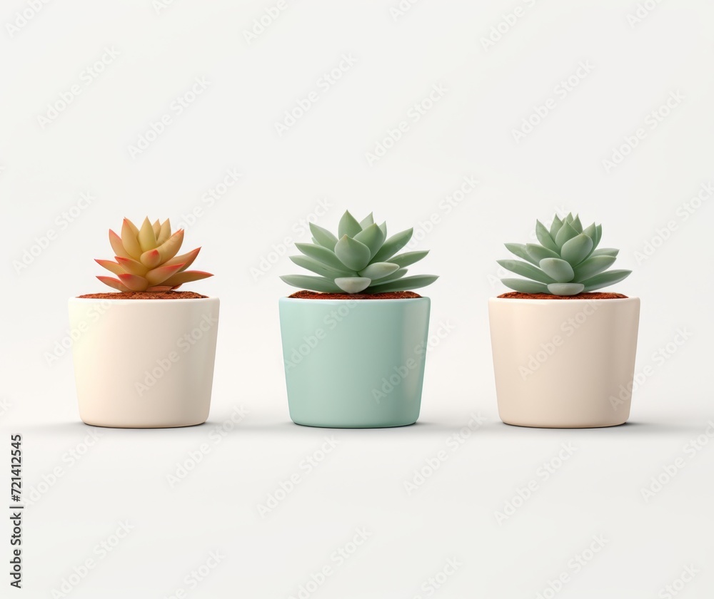 three potted succulent plants on white background three potted succulent plants on white background