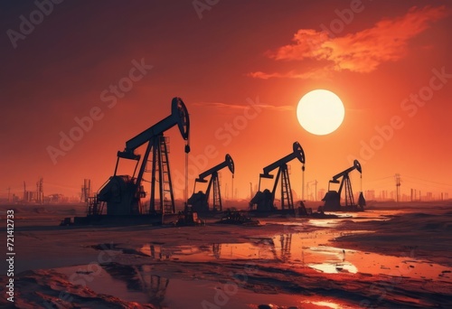 The change in oil prices caused by the war. Oil price cap concept. Oil drilling derricks at desert oilfield. Crude oil production from the ground. Petroleum production.