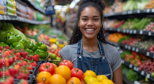 A joyful woman stands proudly among a colorful display of fresh  local and natural foods  promoting a wholesome and sustainable diet while supporting her community s market economy