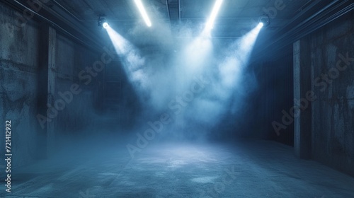 Empty concrete basement, neon light, spotlights, smoke