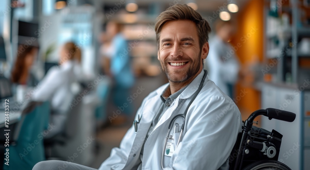 A smiling man in a crisp white coat stands confidently in front of a grand building, exuding intelligence and professionalism