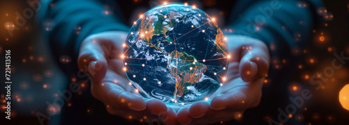 World in Hands: Earth with Telecommunication Connections, 5G Global Internet, Fiber Optics, Satellites, and Worldwide Internet Signal