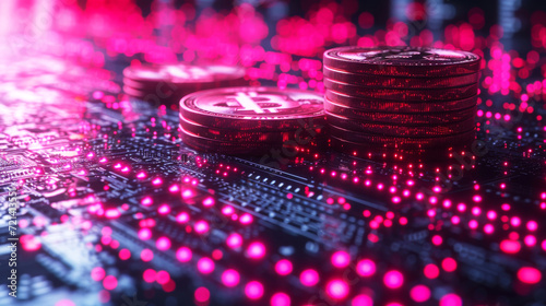Bitcoin Currency on Digital Circuit Board. A visual concept of Bitcoin cryptocurrency on a glowing red digital circuit board.