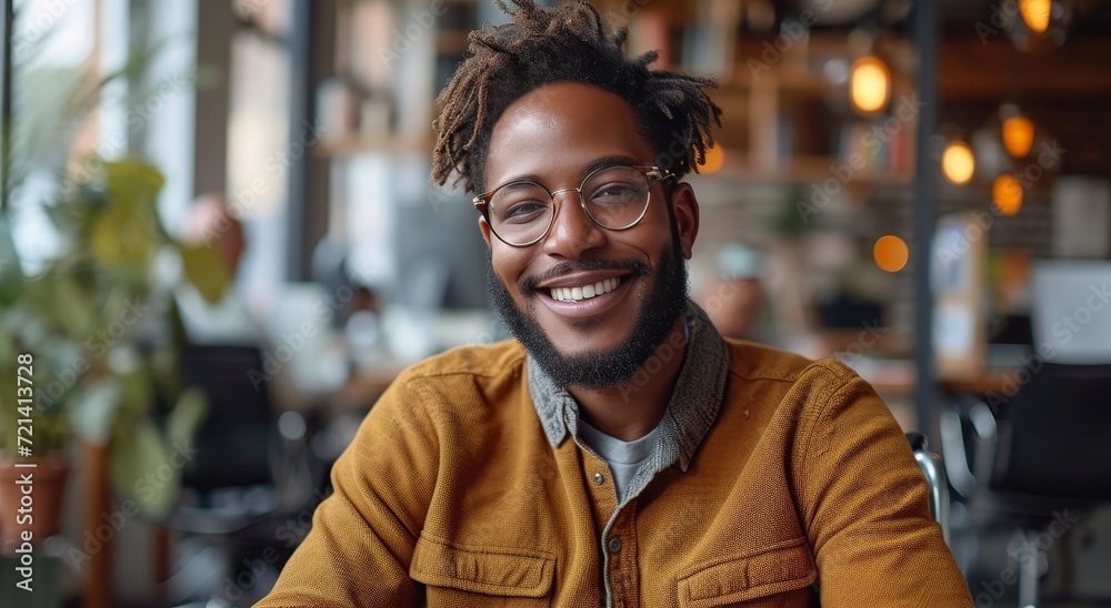 Fototapeta premium A joyful man confidently stands in front of a modern building, his warm smile and stylish glasses radiating a sense of contentment as he blends in seamlessly with the vibrant outdoor plants