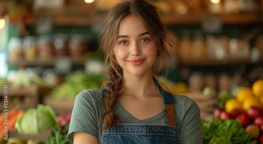 A vibrant woman stands proudly in her local market, radiating joy as she offers a colorful array of natural, whole foods to her customers with a warm smile, embodying the essence of a greengrocer's t