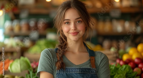 A vibrant woman stands proudly in her local market  radiating joy as she offers a colorful array of natural  whole foods to her customers with a warm smile  embodying the essence of a greengrocer s t