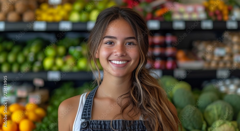 A cheerful woman promotes the benefits of healthy, locally-sourced food as she stands confidently in front of her vibrant, organic produce stand at the bustling outdoor marketplace