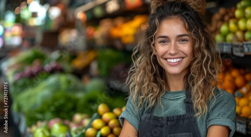 A vibrant woman proudly showcases her locally-sourced, natural whole foods with a genuine smile, embodying the essence of a healthy, sustainable lifestyle at the bustling market