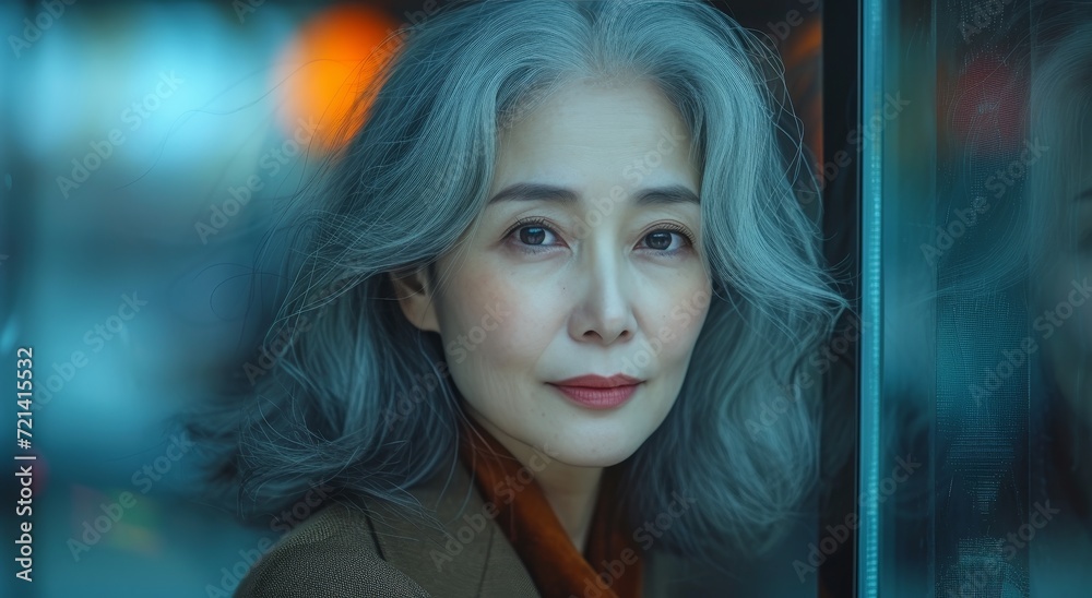 A fashionable lady with long grey hair poses for a portrait, showcasing her bold lipstick and elegant clothing while her piercing gaze and perfectly groomed eyebrows add to her captivating persona A fashionable lady with long grey hair poses for a portrait, showcasing her bold lipstick and elegant clothing while her piercing gaze and perfectly groomed eyebrows add to her captivating persona