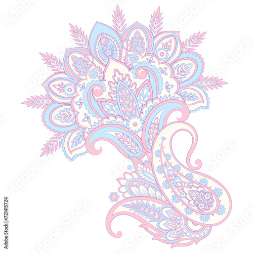 Turkish Cucumber Paisley. Vector pattern in traditional oriental style with flowers, leaves and fantasy elements. 