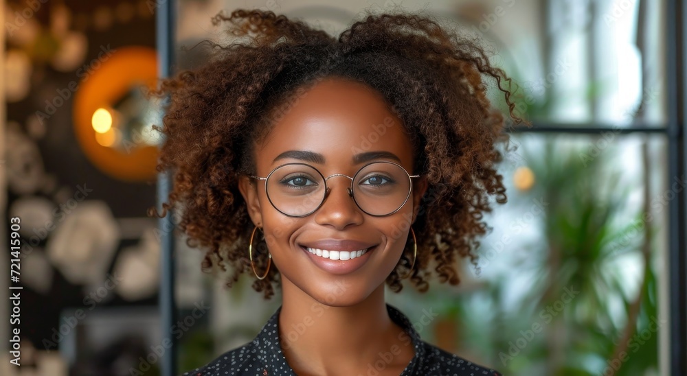 A stylish woman radiates confidence and intelligence as she smiles behind her trendy glasses, adding a touch of personality to her indoor attire A stylish woman radiates confidence and intelligence as she smiles behind her trendy glasses, adding a touch of personality to her indoor attire