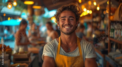 A contented man wearing a pristine apron beams with pride in his immaculate indoor kitchen