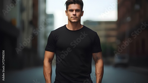 Young model man shirt mockup, boy wearing black t-shirt on street, shirt mockup template on hipster adult for design print, male guy wearing casual t-shirt mockup placement. Generative AI.