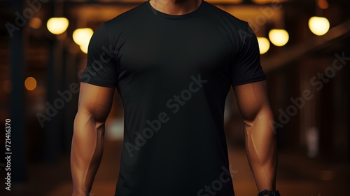 Young model man shirt mockup, boy wearing black t-shirt on street, shirt mockup template on hipster adult for design print, male guy wearing casual t-shirt mockup placement. Generative AI. © Chirus