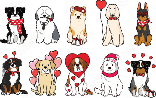 Simple and adorable Valentine's Day illustrations of friendly big dogs outlined
