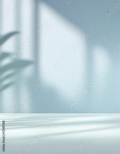 Light Blue studio backdrop stage for product presentations. Empty room with shadows from windows and palm leaves, Dynamic atmosphere. 3D room texture wall summer blurred gray backdrop. Copy Space 