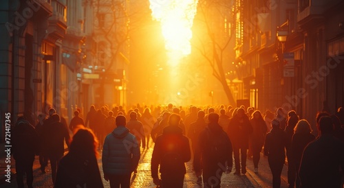 A group of people braving the scorching heat of the city streets, their silhouettes illuminated by the warm glow of streetlights and building flares photo