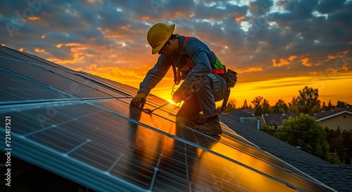 As the sun sets and clouds drift across the sky, a hardworking man diligently rides his ladder, installing solar panels to harness the power of the sun and help create a cleaner future © Larisa AI