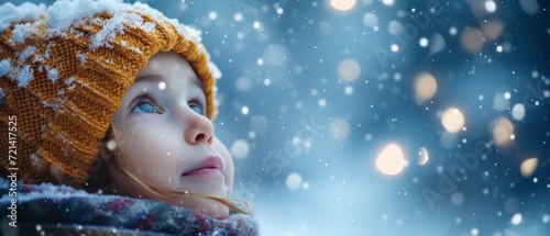 A Childs Eyes Sparkle With Wonder And Delight As They Watch New Year Fireworks In A Snowy Park, Copy Space. Сoncept New Year Fireworks, Snowy Park, Child's Wonder, Sparkle In Eyes, Copy Space