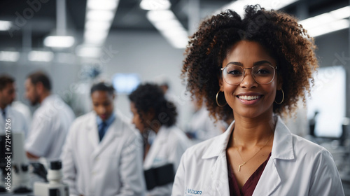 Beautiful young woman scientist wearing white coat and glasses in modern Medical Science Laboratory with Team of Specialists on background, space for text photo