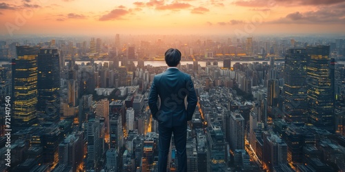A Confident Ceo Overlooks The Bustling Cityscape, Envisioning His Next Triumph, Copy Space. Сoncept Cityscape Leadership, Ceo Confidence, Vision Of Success, Triumph Ahead, Copy Space Inspiration