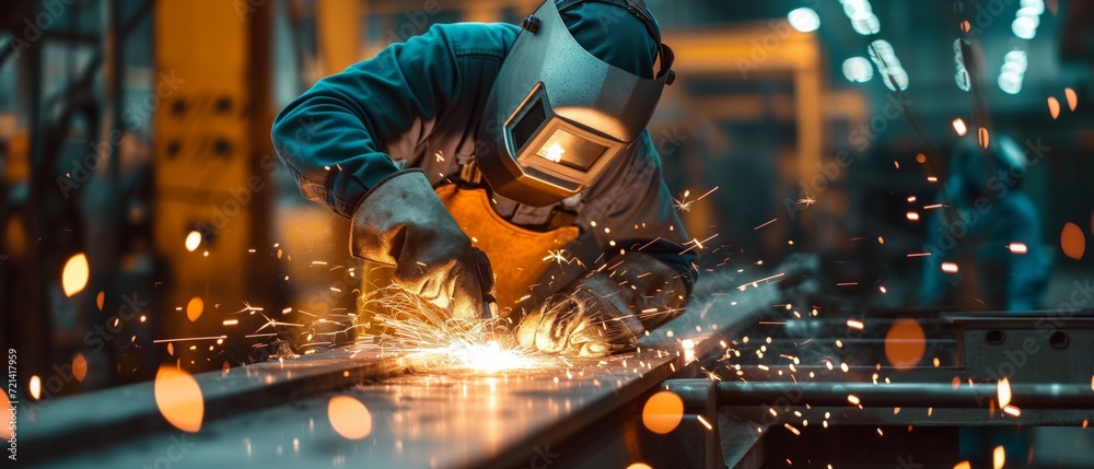 A Skilled Welder Creates Sparks While Fully Protected, Working On Metal. Сoncept Welding Safety Gear, Metal Fabrication, Sparking Welding, Skilled Welding, Welding Techniques - obrazy, fototapety, plakaty 