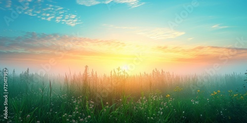 Tranquil And Peaceful Scene  Blossoming Grass Under Misty Morning Sky With Copy Space.   oncept Delicate Flowers In Full Bloom  Serene Reflections On A Glassy Pond  Captivating Sunset Over A Calm Lake