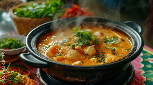 Thai cuisine Tom yum Goong. A steaming bowl of hot tom yum gong is served on a colorful tablecloth, accompanied by a small dish of fresh herbs and spices. Homemade food.