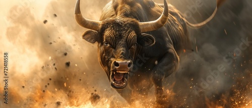 A Furious Bull Enthusiastically Participates In Stock Market And Cryptocurrency Trading. Сoncept Stock Market Bulls, Cryptocurrency Trading Bulls, Bullish Enthusiasm photo