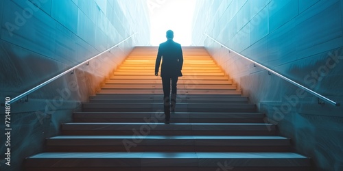 Premium Image Depicting A Businessman Climbing Stairs, Representing Career Advancement, Strategic Planning, And Competitiveness
