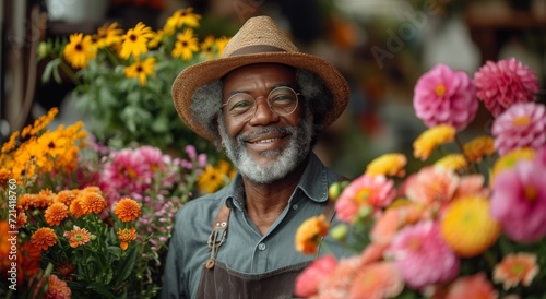 A stylish man in a hat and glasses adds a touch of floristry to the outdoor scenery with a vibrant flower in his clothing
