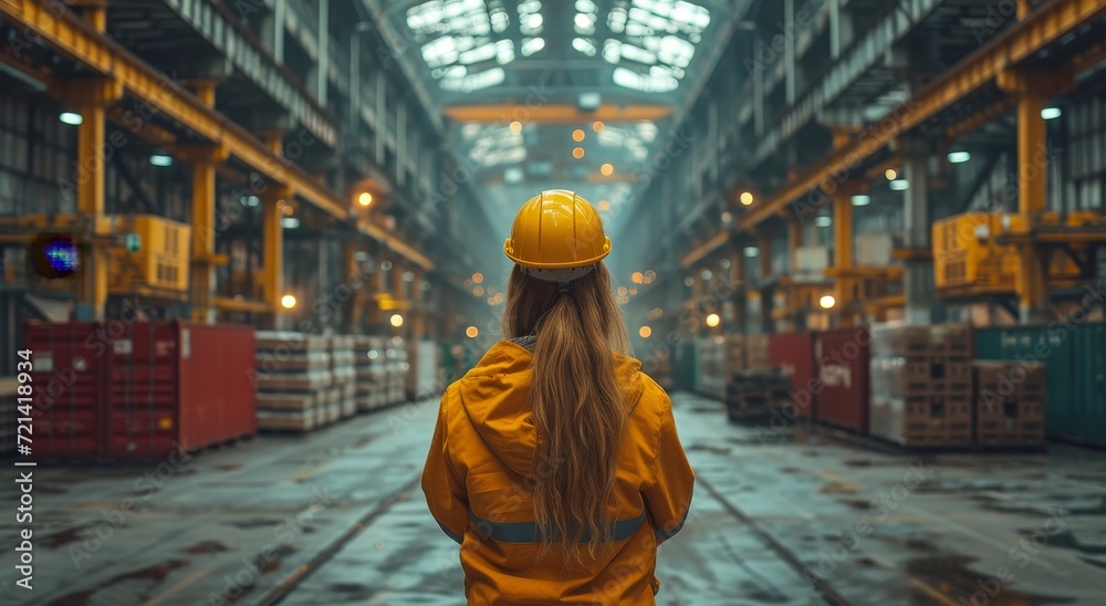 A determined woman in an orange hard hat navigates the busy street, her yellow jacket blending with the building behind her as she walks towards the construction site, her clothing a symbol of streng