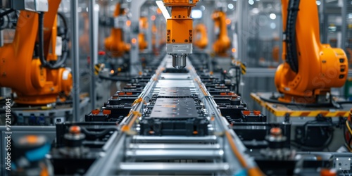 Mass Production Of Electric Vehicle Battery Cells On An Assembly Line, With Copy Space. Сoncept Sustainable Manufacturing, Electric Vehicle Revolution, Assembly Line Efficiency