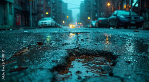 A car struggles through a dark, rainy city street, its tires splashing through a large pothole filled with icy water, the building lights reflecting off the wet ground