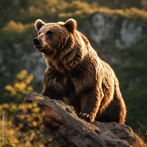 Portrait of Strong Male Brown Bear on stone in wild nature with mountains in golden hours