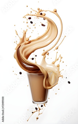 3d illustration of coffee mixed chocolate with milk in glass with splash isolated on white background