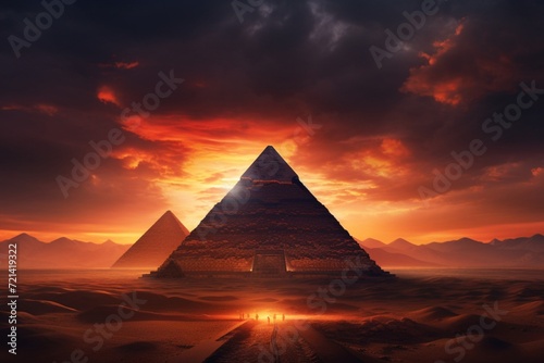 An ancient Egyptian pyramid rising against a breathtaking desert sunset.