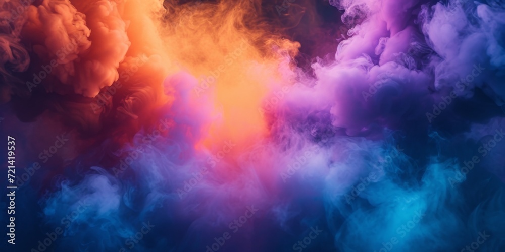 Colorful Smoke Cloud With Vibrant Orange, Purple And Blue Colors, Highquality Photography, Copy Space. Сoncept Colorful Smoke Cloud, Vibrant Orange, Purple And Blue, High-Quality Photography