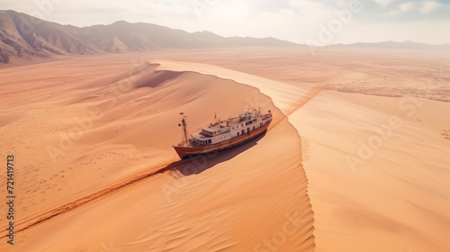 An abandoned and rusty fishing vessel lies wrecked on a dune in the desert without water