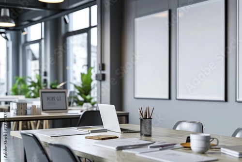 Wallpaper Mural Minimalist Office Mockup Frame on Wall,Clean Workspace Mockup in Modern Office Torontodigital.ca