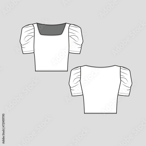 Gathering puff sleeve crop top Sqaure neck short pleat gathering sleeve detail cropped fashion t shirt top blouse flat sketch technical drawing template design vector