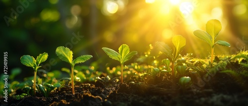 Emerging Plant Sprouts Bask In Dawns Sunlight, Symbolizing The Birth Of Life. Сoncept Nature's Renewal, Sun-Kissed Beginnings, Fresh Growth, Dawn Of Hope, Spring's Awakening