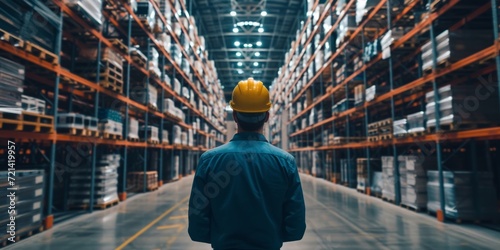 Employee Analyzing Data On Screen In Industrial Warehouse, Copy Space. Сoncept Industrial Data Analysis, Employee Productivity, Warehouse Technology, Digital Workspace, Copy Space Utilization
